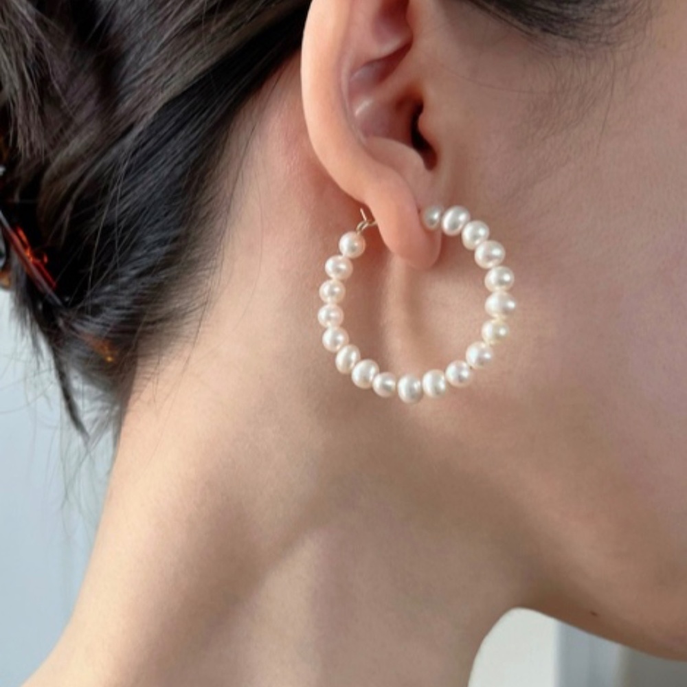 silver hoop earrings beaded with real pearls and 18”multi strand pearls necklace